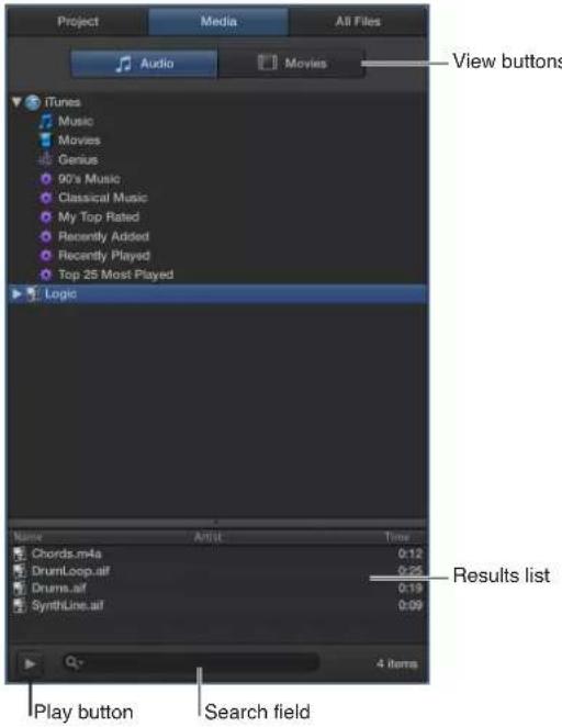 Project Media, All Files, Audio, Movies, iTunes, Music, Movies, Genius, 90's Music, Classical Music, My Top Rated, Recently Added, Recently Played, Top 25 Most Played, Logic, Name, Artist, Time. Chords.m4a 0:12, DrumLoop.af 0:25, Drums.af 0:19, SynthLine.af 0:09, Play button, Search field, 4 items,…