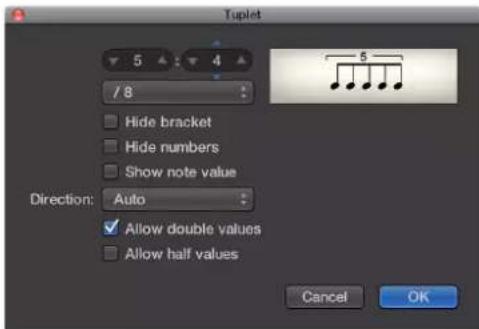 Tuplet. 5 4 /8. Hide bracket. Hide numbers. Show note value. Direction: Auto. ✓ Allow double values. Allow half values. Cancel OK.