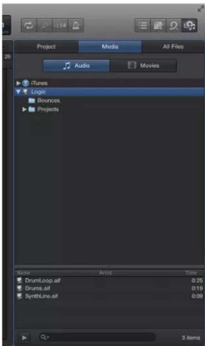 Project Media All Files: Audio Movies, iTunes, Logic, Bounces, Projects. Name Artist Time. DrumLoop.ai 0:25, Drums.ai 0:19, SynthLine.ai 0:09. 3 items