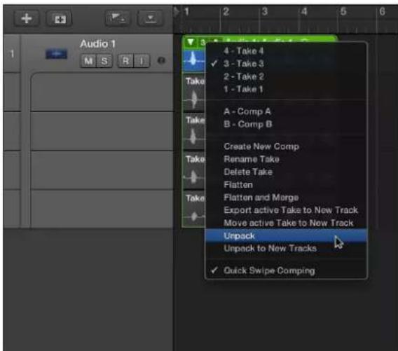 Audio 1 M S R I 4 - Take 4 ✓ 3 - Take 3 Take 2 - Take 2 1 - Take 1 Take A - Comp A Take B - Comp B Create New Comp Rename Take Delete Take Flatten Flatten and Merge Export active Take to New Track Move active Take to New Track Unpack Unpack to New Tracks ✓ Quick Swipe Comping