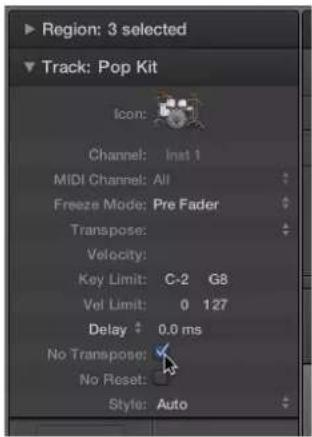 Region: 3 selected Track: Pop Kit Icon: Channel: Inst 1 MIDI Channel: All Freeze Mode: Pre Fader Transpose: Velocity: Key Limit: C-2 G8 Vel Limit: 0 127 Delay ↑ 0.0 ms No Transpose: No Reset: Style: Auto