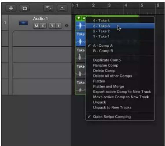 Audio 1 M S R I 4 - Take 4 3 - Take 3 2 - Take 2 1 - Take 1 ✓ A - Comp A Take B - Comp B Duplicate Comp Rename Comp Delete Comp Delete all other Comps Flatten Flatten and Merge Export active Comp to New Track Move active Comp to New Track Unpack Unpack to New Tracks ✓ Quick Swipe Comping