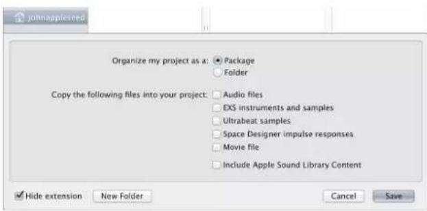 John Appleseed Organize my project as a: Package Folder Copy the following files into your project: Audio files EXS instruments and samples Ultrabeat samples Space Designer impulse responses Movie file Include Apple Sound Library Content Hide extension New Folder Cancel Save