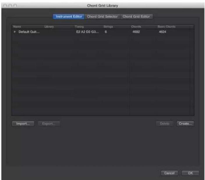Chord Grid Library Instrument Editor Chord Grid Selector Chord Grid Editor Name Library Timing Strings Clouds Basic Clouds Default Quit... E2 A2 D3 G3... 6 4692 4624 Import... Export... Delete Create... Cancel OK