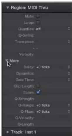 Region: MIDI Thru Multi: Loop: Quantize: off Q-Swing: Transpose: Velocity: More Delay: +0 ticks Dynamics: Gate Time: Clip Length: Score: Q-Strengths: Q-Range: +0 ticks Q-Flam: +0 ticks Q-Velocity: Q-Length: Track: Inst 1