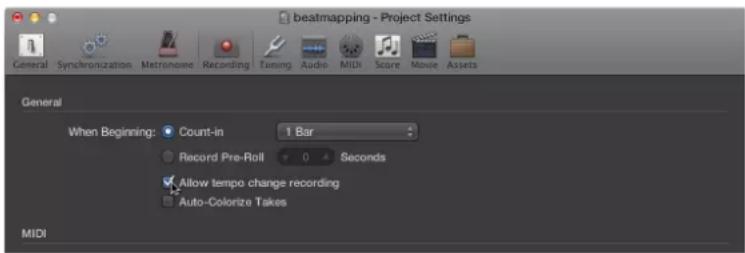 Beatmapping - Project Settings General Synchronization Metronome Recording Tuning Audio MIDI Score Movie Assets General When Beginning: Count-in 1 Bar Record Pre-Roll 0 Seconds Allow tempo change recording Auto-Colorize Takes MIDI