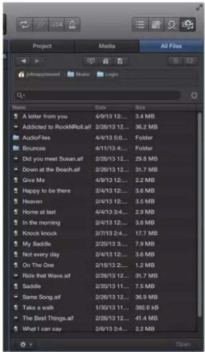 Project Media All Files: A letter from you 4/9/13 12... 3.4 MB, Addicted to RockNRoll.af 2/26/13 12... 36.2 MB, AudioFiles 4/4/13 5:0... Folder, Bounces 4/11/13 4... Folder, Did you meet Susan.af 2/26/13 12... 29.8 MB, Down at the Beach.af 2/26/13 12... 31.7 MB, Give Me 4/9/13 12... 2.2 MB, Happy to…