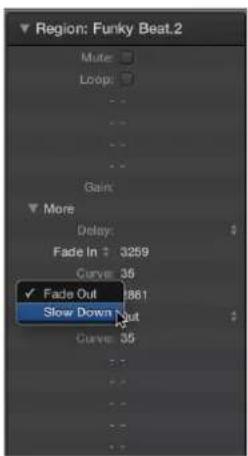 Region: Funky Beat.2 Mute: Loop: Gains: More Delay: Fade In ↑ 3259 Curve: 35 ✓ Fade Out Slow Down Out Curve: 35