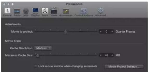 Preferences General Audio MIDI Display Score Movie Automation Control Surfaces Advanced Adjustments Movie to project: 0 Quarter Frames Movie Track Cache Resolution: Medium Maximum Cache Size: 40 MB Lock movie window when changing screensets Movie Project Settings...