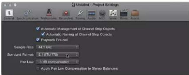 Untitled - Project Settings General Synchronizature Metronome Recording Tuning Audio MSCI Secure Movie Assets ✓ Automatic Management of Channel Strip Objects ✓ Automatic Naming of Channel Strip Objects ✓ Playback Pre-roll Sample Rate: 44.1 kHz Surround Format: 5.1 (ITU 779) Pan Law: -3 dB compensate…