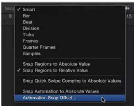 Smart Bar Beat Division Ticks Frames Quarter Frames Samples Snap Regions to Absolute Value Snap Regions to Relative Value Snap Quick Swipe Comping to Absolute Values Snap Automation to Absolute Values Automation Snap Offset...