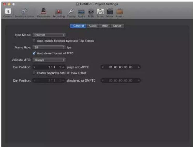 Untitled - Project Settings General Synchronization Metronome Recording Tuning Audio MIDI Score Movie Assets General Audio MIDI Unitor Sync Mode: Internal Auto-enable External Sync and Tap Tempo Frame Rate: 25 fps ✓ Auto detect format of MTC Validate MTC: always Bar Position: 1 1 1 plays at SMPTE 01…