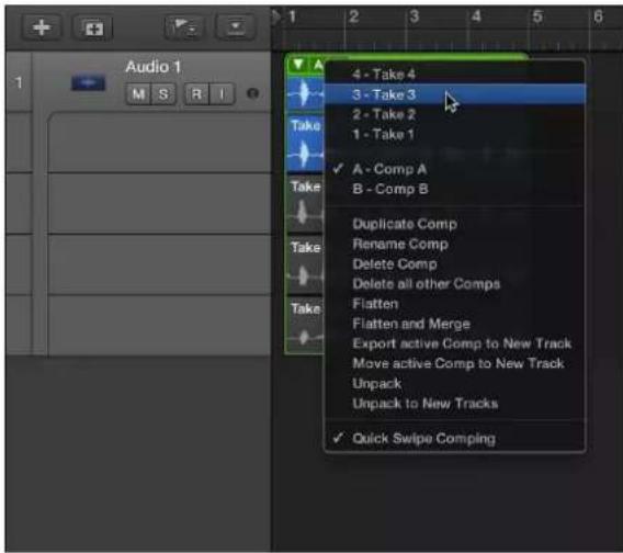 Audio 1 M S R I 4 - Take 4 3 - Take 3 2 - Take 2 1 - Take 1 ✓ A - Comp A Take B - Comp B Duplicate Comp Rename Comp Delete Comp Delete all other Comps Flatten Flatten and Merge Export active Comp to New Track Move active Comp to New Track Unpack: Unpack to New Tracks ✓ Quick Swipe Comping
