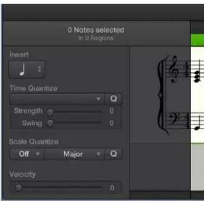 0 Notes selected in 0 Regions. Insert. Time Quantize. Strength 0. Swing 0. Scale Quantize: Off, Major Q. Velocity 0.
