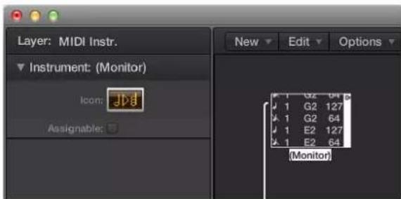 Layer: MIDI Instr. Instrument: (Monitor) Icon: Jpd Assignable: New Edit Options 1 G2 64 1 G2 127 1 G2 64 1 E2 127 1 E2 64 (Monitor)
