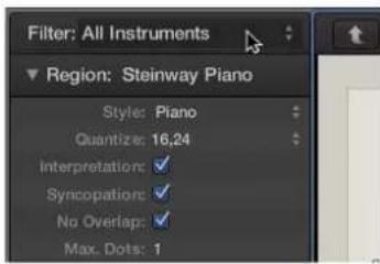 Filter: All Instruments Region: Steinway Piano Style: Piano Quantize: 16,24 Interpretation: ✓ Syncopation: ✓ No Overlap: ✓ Max. Dots: 1
