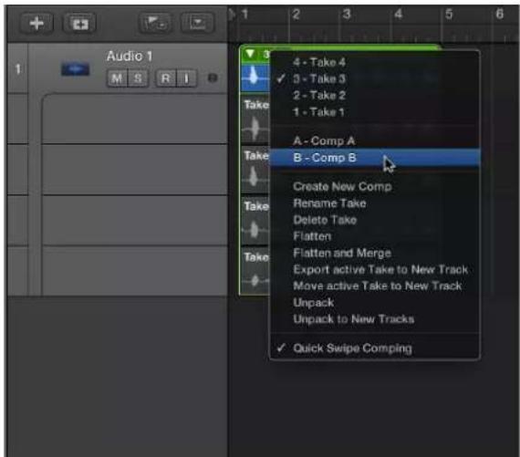 Audio 1 M S R I 3 4 - Take 4 ✓ 3 - Take 3 2 - Take 2 1 - Take 1 Take A - Comp A Take B - Comp B Create New Comp Rename Take Delete Take Flatten Flatten and Merge Export active Take to New Track Move active Take to New Track Unpack Unpack to New Tracks ✓ Quick Swipe Comping