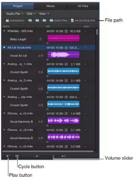 Project Media, All Files, Audio, File, Edit, View. 41fantaz...h03.m4a 44100 16 Bit 65.0 KB, Baby Laugh, Ad Lib Vocal.m4a 44100 16 Bit 625.8, Vocal Ad Lib, Analog...ip_1.m4a 44100 16 Bit 2.1 MB, Crunch Synth, Analog...ip_2.m4a 44100 16 Bit 3.1 MB, Crunch Synth, Analog...bip.m4a 44100 16 Bit 928.6...,…