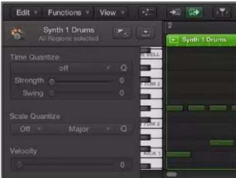 Edit Functions View Synth 1 Drums All Regions selected Time Quantize off Strength 0 Swing 0 Scale Quantize Off Major 0 Velocity 0 2 Synth 1 Drums