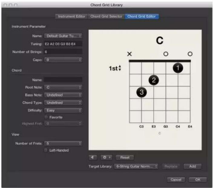 Chord Grid Library Instrument Editor Chord Grid Selector Chord Grid Editor Instrument Parameter Name: Default Guitar Tu... Tuning: E2 A2 D3 G3 B3 E4 Number of Strings: 0 Capo: 0 Chord Name: Root Note: C Bass Note: Undefined Chord Type: Undefined Difficulty: Easy Favorite Highest Fret: 0 View Number…