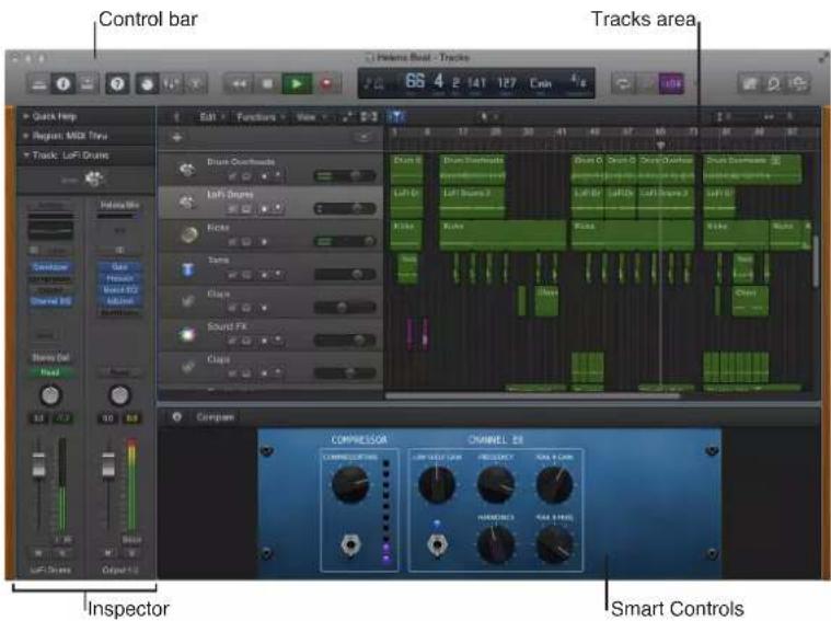 Control bar, Tracks area, Quick Help, Region: MIDI Tens, Track: LoFi Drums, Volume Mix, Audio, Radio, Audio 82, Channel 80, Sound FX, Clips, Lift Drums, Eocks, Tunes, Clamps, Sound FX, Clips, Compressor, COMPRESSOR, CHANNEL 80, Lift Drums, RHOLO 1.5 through RHOLO 99.5, RHOLO 100.0