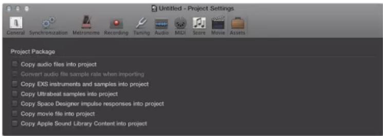 Untitled - Project Settings General Synchronization Metronome Recording Tuning Audio MIDI Score Movie Assets Project Package Copy audio files into project Convert audio file sample rate when importing Copy EXS instruments and samples into project Copy Ultrabeat samples into project Copy Space Design…