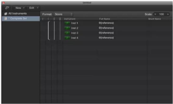All Instruments Format: Score Scale: 100 Complete Set Instrument Full Name Short Name Inst 1 @(reference) Inst 2 @(reference) Inst 3 @(reference) Inst 4 @(reference)