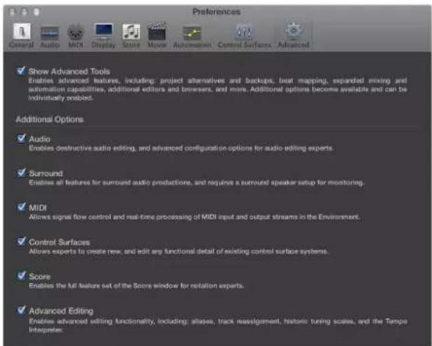 Preferences General Audio MIDI Display Score Movie Automation Control Surfaces Advanced ✓ Show Advanced Tools Enables advanced features, including: project alternatives and backups, beat mapping, expanded mixing and automation capabilities, additional editors and browsers, and more. Additional optio…