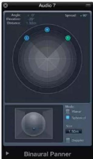 Audio 7 Angle: +0° Elevation: -20° Distance: 1.50m Spread: +90° Mode: Planar Spherical Size: 1.50m Doppler Binaural Panner