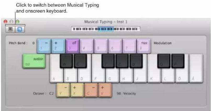 Click to switch between Musical Typing and onscreen keyboard. Musical Typing - Inst 1. Pitch Bend: 0 - + off max Modulation. 1 2 3 4 5 6 7 8. Sustain. Top. A S D F G H J K L O A. Octave: C2 - + - +. Y X C V 98: Velocity.