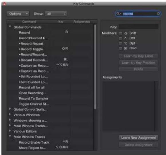 Key Commands. Options Show: All. Command, Key, Assignments. Global Commands: Record R, Record/Record P..., •Record Repeat, •Record Toggle O-R, •Record/Record..., •Discard Records..., •Capture as Reco... ^R, •Capture as Reco..., •Set Rounded Lo..., •Set Rounded Lo..., Record off for all, Open Recordi…