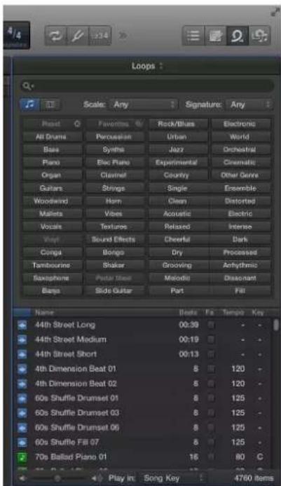 Loops: Scale: Any Signature: Any Reset Favorites Rock/Blue Electronic All Drums Percussion Urban World Base Synthes Jazz Orchestral Piano Euc Piano Experimental Cinematic Organ Clavet Country Other Genre Guitar Strings Single Ensemble Woodwind Horn Clean Distorted Maiota Vibes Acoustic Electric Voca…