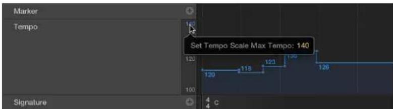 Marker Tempo Set Tempo Scale Max Tempo: 140 120 118 123 126 120 Signature 4 C 4