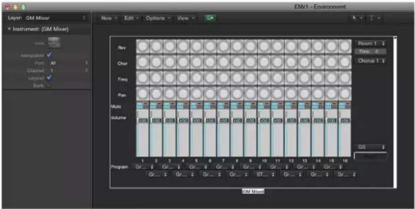 ENV1 - Environment Layer: GM Mixer Instrument: (GM Mixer) New Edit Options View Rev Chor Freq Pan Multi Volume G5 Program Gr... Gr... Gr... Gr... Gr... BT... Gr... Gr... Gr... G5 Mix