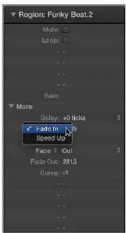 Region: Funky Beat.2 Mute: Loop: Gain: More Delay: +0 ticks Fade In 15 Speed Up Fade Out: 2813 Curve: -1