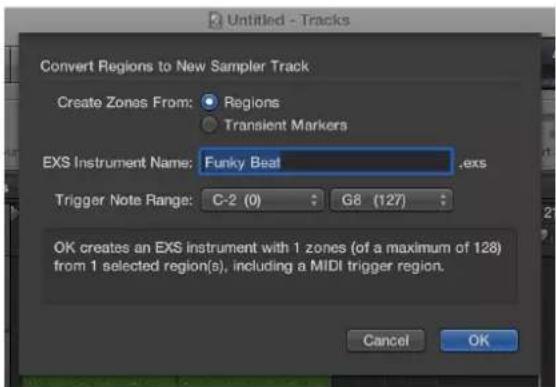 Untitled - Tracks Convert Regions to New Sampler Track Create Zones From: ● Regions ● Transient Markers EXS Instrument Name: Funky Beat .exs Trigger Note Range: C-2 (0) : G8 (127) : OK creates an EXS instrument with 1 zones (of a maximum of 128) from 1 selected region(s), including a MIDI trigger re…