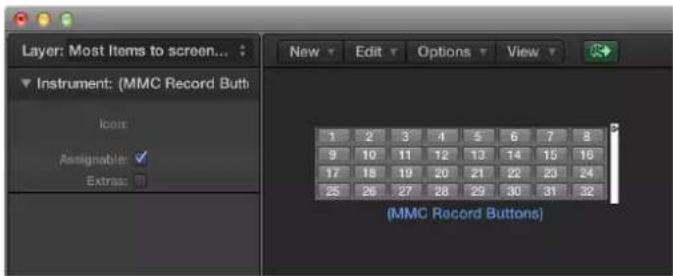 Layer: Most Items to screen... Instrument: (MMC Record Butt Icons: Assignable: ✓ Extras: New Edit Options View 1 2 3 4 5 6 7 8 9 10 11 12 13 14 15 16 17 18 19 20 21 22 23 24 25 26 27 28 29 30 31 32 (MMC Record Buttons)