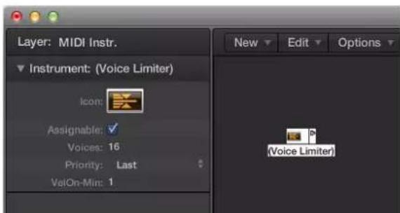 Layer: MIDI Instr. Instrument: (Voice Limiter) Icon: Assignable: ✓ Voices: 16 Priority: Last VelOn-Min: 1 New Edit Options (Voice Limiter)