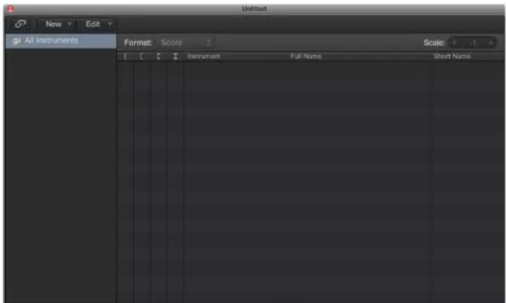 Untitled New Edit All Instruments Format: Score Scale: { Instrument Full Name Short Name
