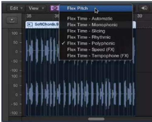 Edit View Flex Pitch 35 36 39 SoftChords.9 Flex Time - Automatic Flex Time - Monophonic Flex Time - Slicing Flex Time - Rhythmic ✓ Flex Time - Polyphonic Flex Time - Speed (FX) Flex Time - Tempophone (FX)