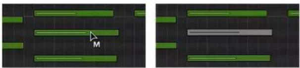 Two-panel image showing green horizontal bars on a dark grid, one with a cursor arrow labeled 'M' pointing to the bar (no text or symbols beyond label)