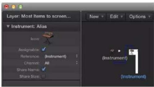 Layer: Most Items to screen... Instrument: Alias Icon Assignable: ✓ Reference: (Instrument) Channel: All Share Name: ✓ Share Size: New Edit Options (Instrument) (Instrument)