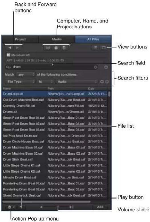 Back and Forward buttons, Computer, Home, and Project buttons, View buttons, Search field, Search filters, Match any of the following conditions: File Type is Audio, Name Path Date. List of audio files: DrumLoop.af, Old Drum Machine Beat.caf, Comedy Drum Fill.caf, Drums.af, Street Post Drum Beat 01.…