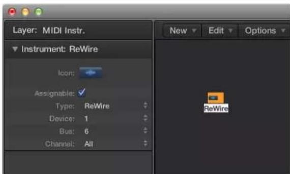 Layer: MIDI Instr. Instrument: ReWire Icon: Assignable: Type: ReWire Device: 1 Bus: 6 Channel: All New Edit Options ReWire