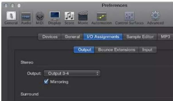 Preferences General Audio MIDI Display Score Movie Automation Control Surfaces Advanced Devices General I/O Assignments Sample Editor MP3 Output Bounce Extensions Input Stereo Output: Output 3-4 ✓ Mirroring Surround