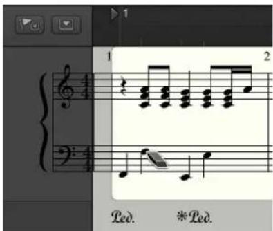 Screenshot of a musical notation software interface showing treble and bass clefs with notes and rests, labeled 'Bed.' and '*Bed.'