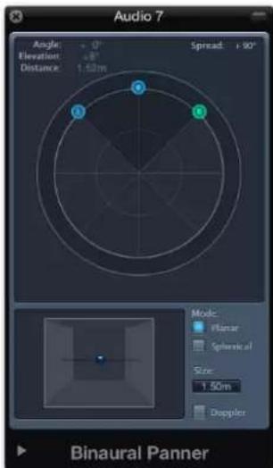 Audio 7 Angle: +0° Elevation: +8° Distance: 1.52m Spread: +90° Mode: Flantar Spherical Size: 1.50m Doppler Binaural Panner