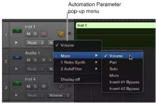 Automation Parameter pop-up menu Inst 1 Volume Main 1 Retro Synth 2 AutoFilter Display off Volume Pan Solo Mute Insert #1 Bypass Insert #2 Bypass
