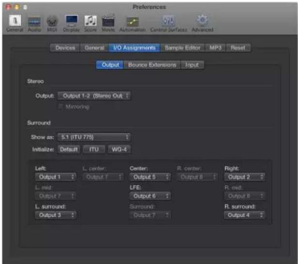 Preferences General Audio MIDI Display Score Movies Automation Control Surfaces Advanced Devices General I/O Assignments Sample Editor MP3 Reset Output Bounce Extensions Input Stereo Output: Output 1-2 (Stereo Out) ? Mirroring Surround Show as: 5.1 (ITU 775) Initialize: Default ITU WG-4 Left: Output…