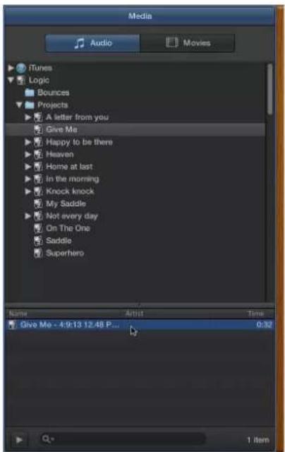 Media Audio Movies iTunes Logic Bounces Projects A letter from you Give Me Happy to be there Heaven Home at last In the morning Knock knock My Saddle Not every day On The One Saddle Superhero Name Artist Time Give Me - 4:9:13 12:48 P... 0:32 1 item